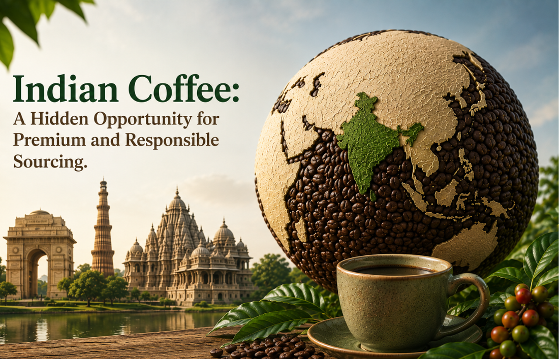 Lush Indian coffee farm with shade trees and diverse vegetation representing premium and responsible coffee sourcing from India