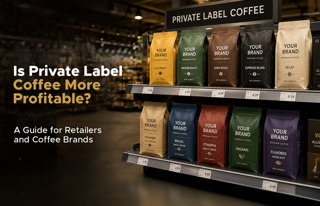 Retailer reviewing private label coffee capsule packaging options showing higher profit margins compared to national coffee brands