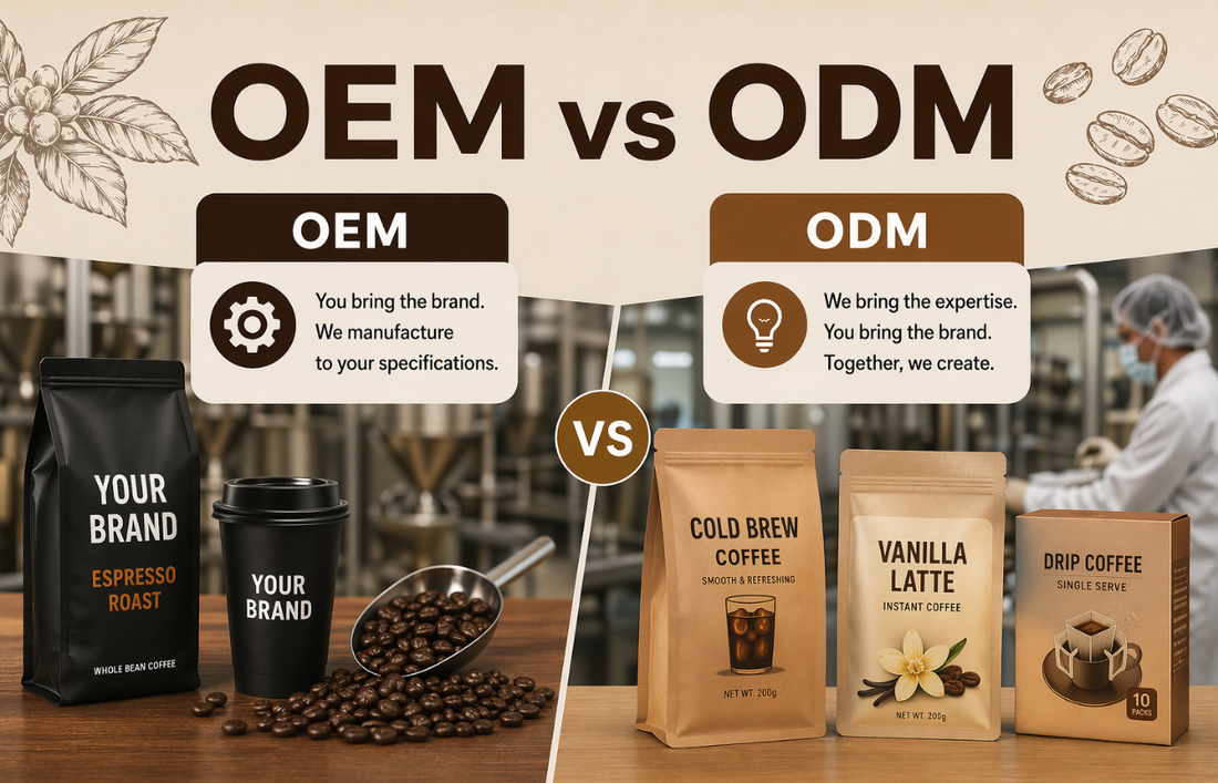 Side-by-side comparison of OEM and ODM coffee manufacturing models for private label brands