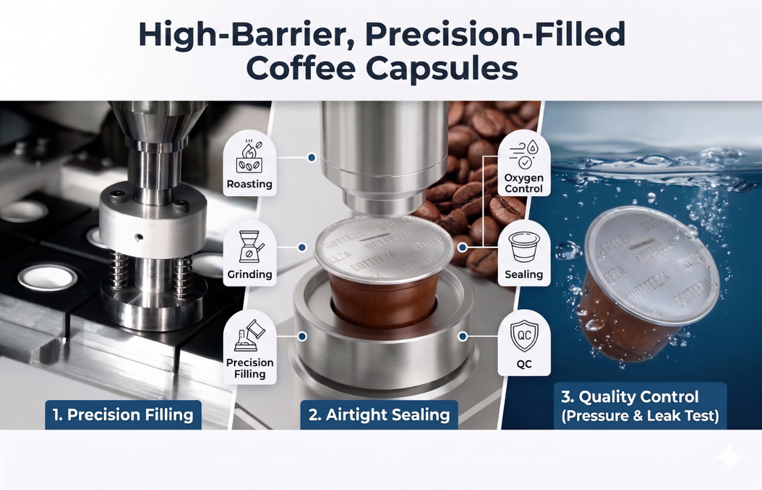 Inside a modern coffee capsule production line showing precision filling, sealing, and quality control for Nespresso compatible private label capsules