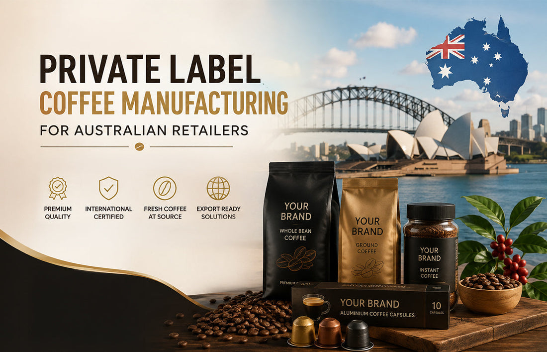 Premium private label coffee capsules and ground coffee manufactured for Australian retailers by Cravium, an FSSC 22000-certified coffee manufacturer from India