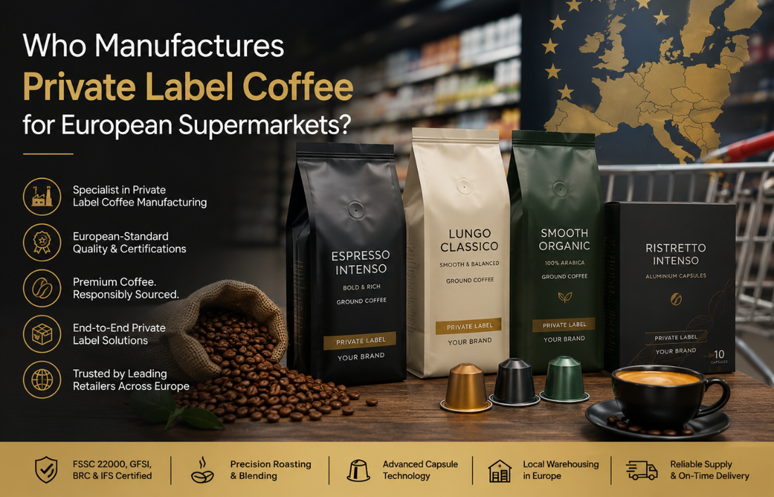 Private label coffee capsules and ground coffee products manufactured for European supermarkets by Cravium, an FSSC 22000-certified coffee capsule manufacturer